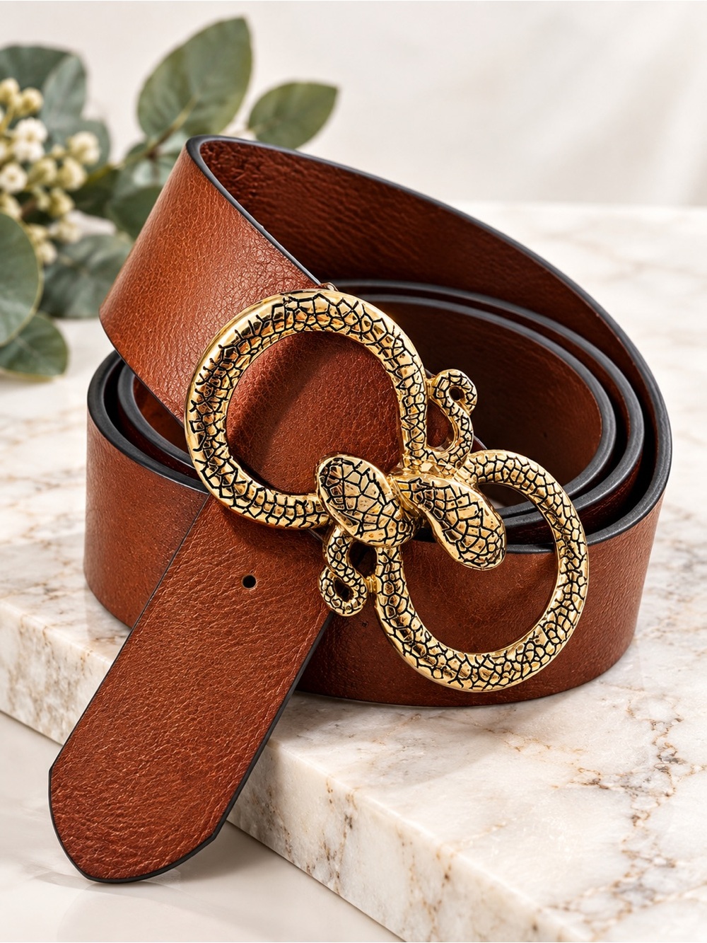 Express Brown Faux Leather Snake Buckle Belt Gold Snake Head Size Small